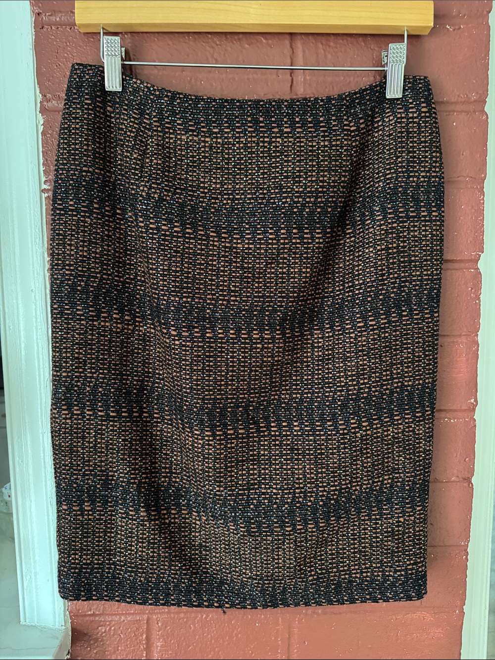 Nanette Lepore Black and Brown Metallic Tweed Striped Pencil Skirt Size 6